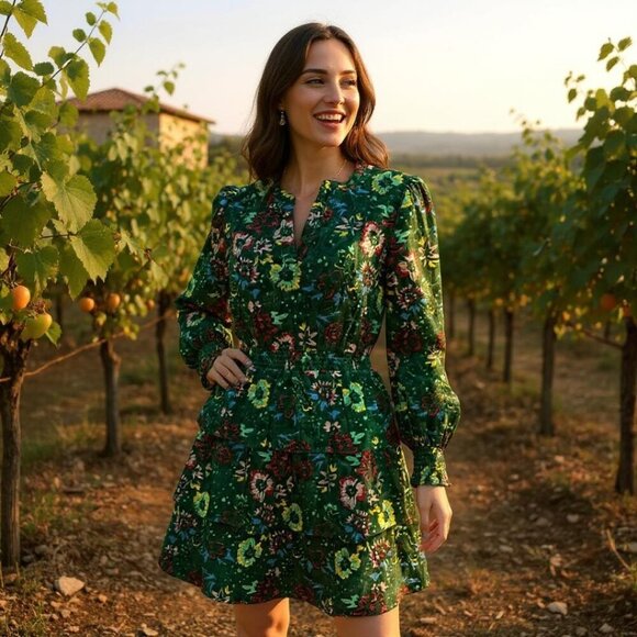 New Roller Rabbit  Pavone Floral Tiered Elastic Print  Dress Green Size Small - Picture 1 of 9